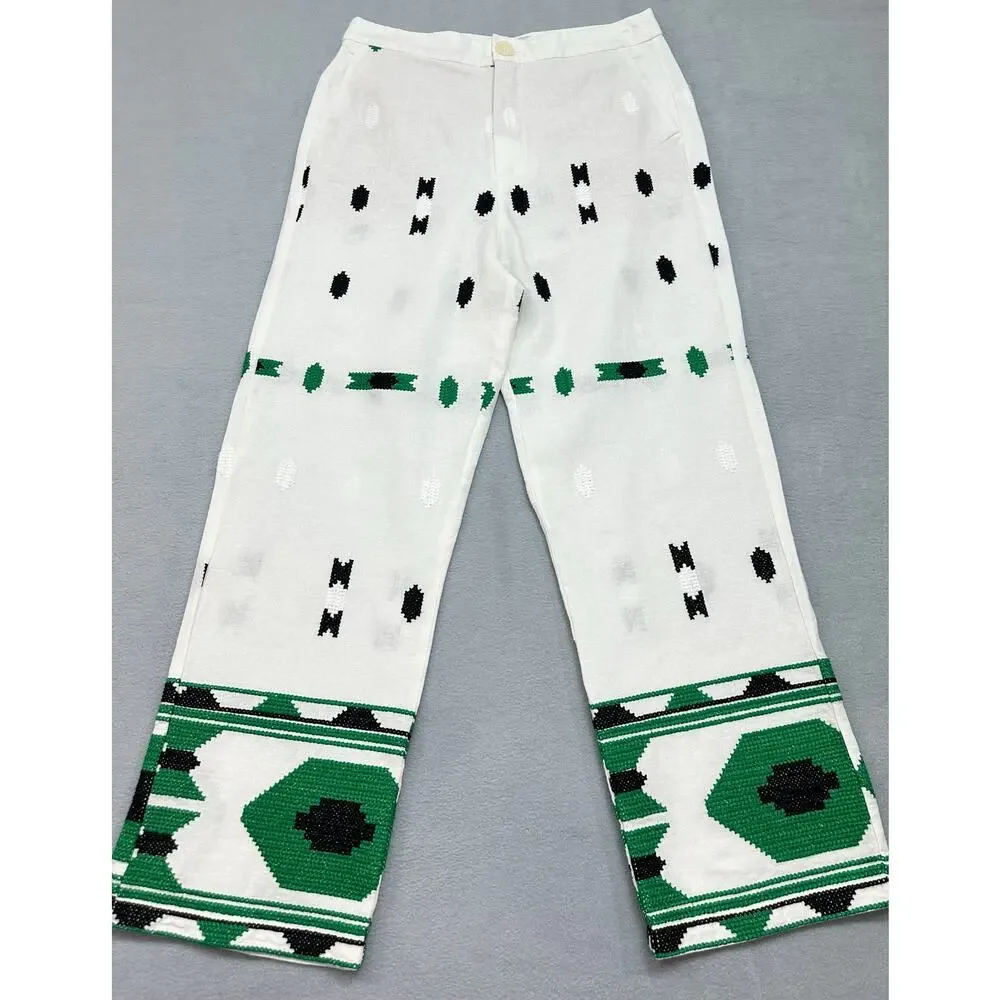 Zara Embroidered Linen Blend Geometric Pants White Green Black M